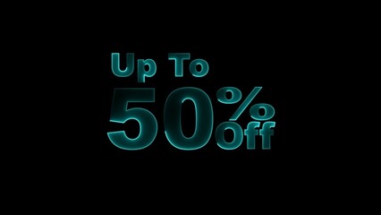 up to 50% neon text illustration on black background.
