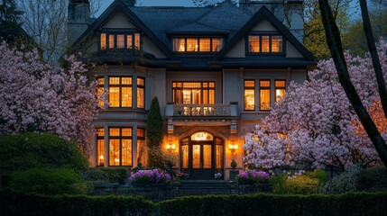 A fancy house in Vancouver, Canada looks beautiful at night in April 2025. Spring flowers add to the view.
