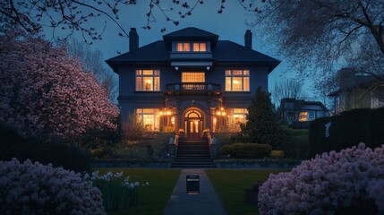 A fancy house in Vancouver, Canada looks beautiful at night in April 2025. Spring flowers add to the view.
