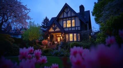 A fancy house in Vancouver, Canada looks beautiful at night in April 2025. Spring flowers add to the view.
