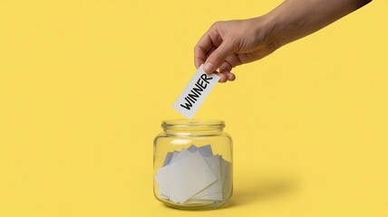 Hand holding a raffle ticket with "winner" written in black, drawn from a glass jar filled with blank papers, top view composition, isolated on a bright yellow background, concept of luck and prize 