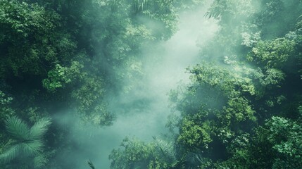 A green rainforest view from above, with fog in the morning.
