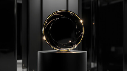 Abstract design with aperture and golden accents on a black pedestal with high glossy background
