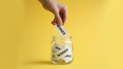 Hand holding a raffle ticket with "winner" written in black, drawn from a glass jar filled with blank papers, top view composition, isolated on a bright yellow background, concept of luck and prize 