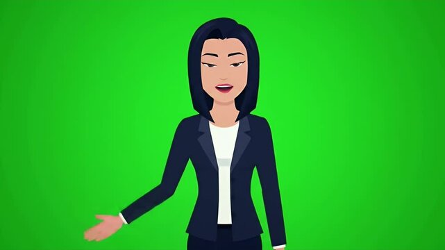 Animation of a woman in suit talking in a green background