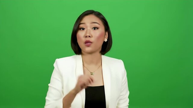 Asian Woman Journalist Pointing On Something While Speaking Into A Microphone On The Green Screen