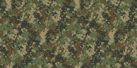 Intricate digital camouflage pattern in earthy greens, browns, and tans.