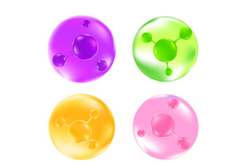 Cute cosmetic molecules icon set, niacinamid, ceramides, hyaluronic acid, collagen, vector cosmetology ingredient isolated elements. Beauty serum skin care hydro gel, moisture anti age cream