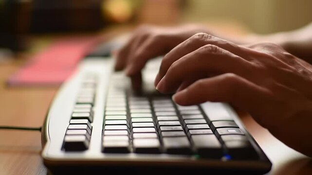 Close-up man typing on computer keyboard with hands and fingers. Macro soft focus dolly shot. Computer programming, text chat online messaging and online marketing business concept
