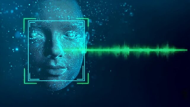 AI facial recognition system with sound waves and green signals on blue tech screen showing deepfake detectors, deepware scanner, sensity ai interface - Powered by Adobe