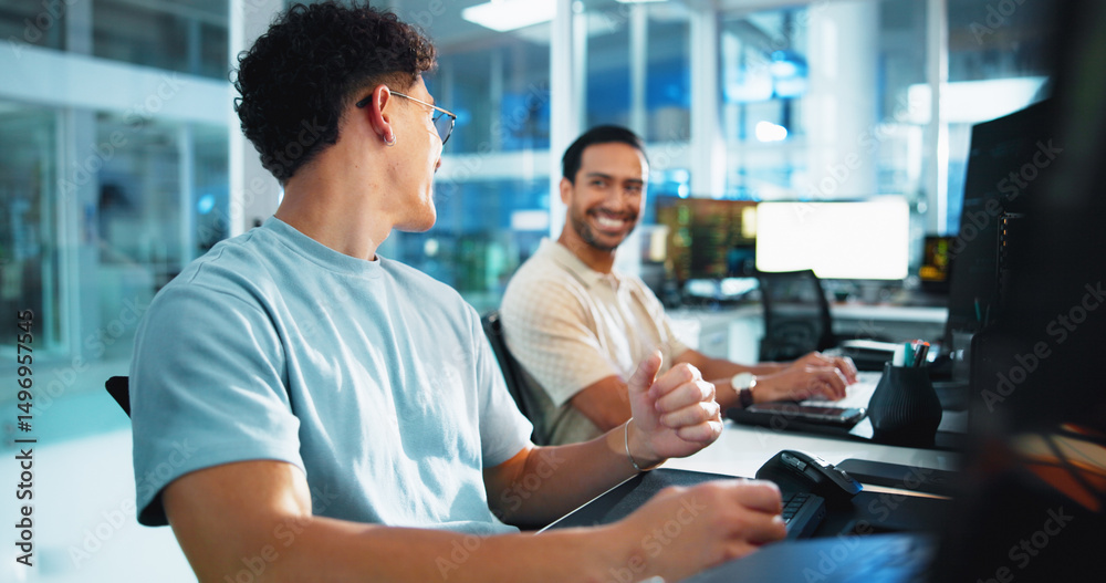Poster Computer, programmer and team with man in office for game designer, coding app and ux update. Software development, research and level gameplay with employees at night for coworking collaboration