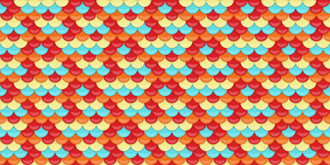 Vibrant fish scale pattern in red, orange, and teal.  Perfect for textile design, website backgrounds, or playful branding. © Olena