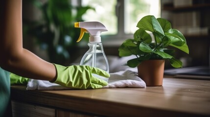 A woman at home is putting on cleaning gloves to clean and disinfect. She's ready to make her house healthy and germ-free.
