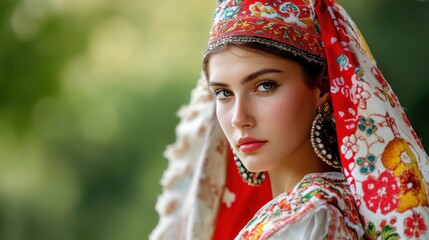Close-up Portrait of Young Woman in Traditional Headscarf and Elaborate Earrings
