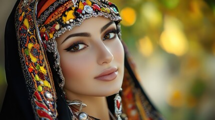 Portrait of a Beautiful Arab Woman Wearing Elaborate Traditional Headdress Outdoors