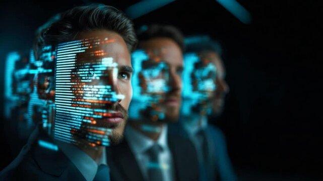 One businessman shown as two clones with digital data on faces showing identity duplication spotted by deepfake detectors, deepware scanner, sensity ai