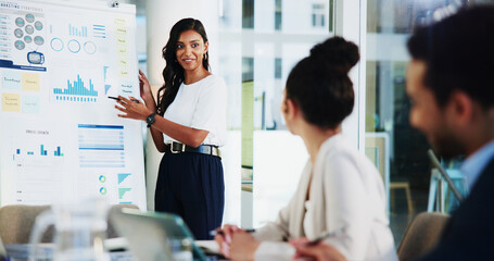 Business, discussion and woman with graphs in presentation for report generation, research and...