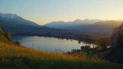 Obraz premium Beautiful mountain view and countryside scene on a spring morning. Photo taken May 17, 2025, in Zurich, Switzerland. 