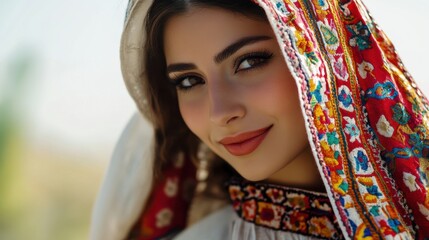 Close-up Portrait of Indian Woman Wearing Traditional Embroidered Headdress
