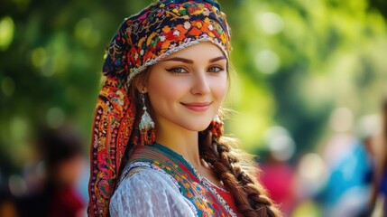 Smiling Woman in Embroidered Headdress with Braided Hair Outdoor