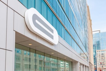 Corporate Welcome Sign Now Blank Outside Modern Glass Building in Urban Setting