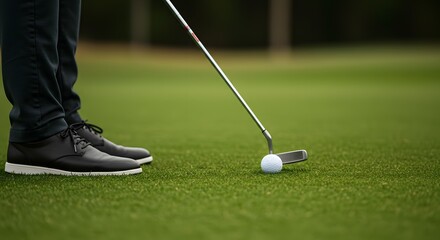 Precision Golf Shot Mastering the Approach on the Green, A Close-Up View of a Golfer's Stance and Club Positioning for a Perfect Swing