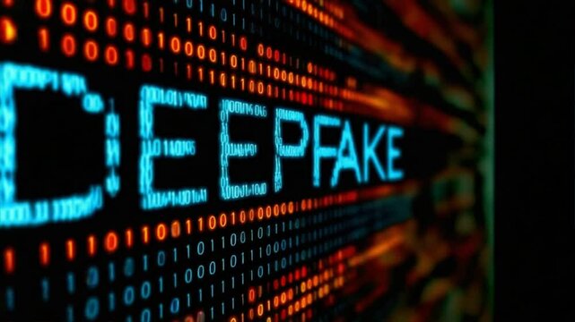 Word DEEPFAKE made from binary code on digital screen showing fake media detection using deepfake detectors, deepware scanner, sensity ai tools