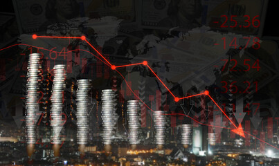 Recession and crisis concept: Stacks of coins and red downward arrow symbolize the decline of the global economy, markets, and wealth