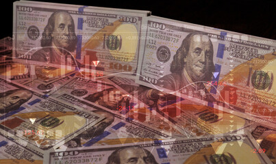 Recession and crisis concept: Banknotes with downward arrows and graphs represent the decline of the global economy, markets, or wealth