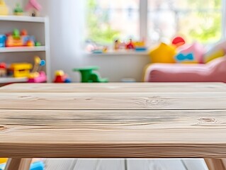 Empty Wooden Table in Childrens Playroom Blurred Background