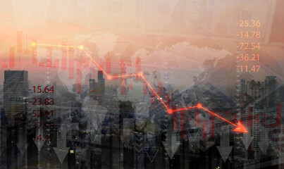 Recession and crisis concept: A red downward arrow over a city at dusk symbolizes the decline of the global economy, business, markets, stock market, or overall wealth