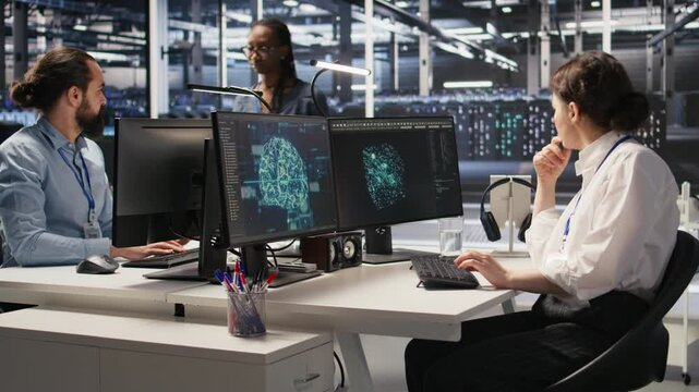 Data center technician monitors server rigs performing AI training and inference tasks. Server hub IT professional oversees high tech systems managing deep learning storage operations, camera A