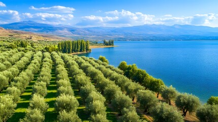 Aerial View Olive Grove Lake Mountains Landscape