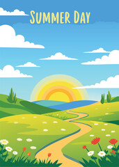 Fototapeta premium summer landscape with rainbow abstract Colorful style banner and flyer graphic poster art 