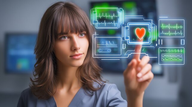 Young woman interacting with virtual health interface displaying heart and medical data in modern healthcare background