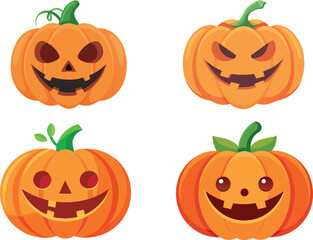 Four cartoon pumpkins, two with scary, and two with friendly faces, perfect for Halloween-themed designs, social media, or print projects.