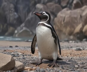 Humboldt penguin preening its feathers on a rocky beach ,  wildlife,  preening, penguin