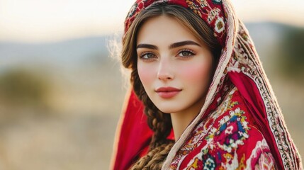 Portrait of Fair-Skinned Woman Wearing Traditional Headscarf with Intricate Textile Design