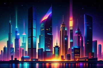 Colorful Cityscape Night Silhouette Photography - Modern Buildings Low Angle View