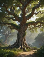 Ancient tree, lush exotic vines, vibrant foliage,  plant,  climbing plants,  foliage