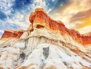 Vibrant Sunset over Colorful Sandstone Cliffs Dramatic Rock Formation Landscape