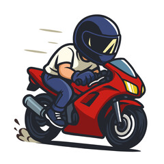 The driver of a motorcycle clad in a leather t shirt and riding. Lover Biker Touring. Red sport cartoon