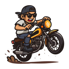 Biker Riding Motorcycle. A cartoon character with a cape rides a yellow motorcycle