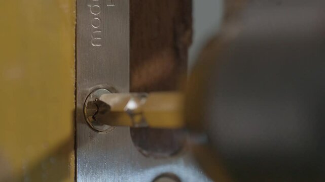 Macro close-up of a screwdriver tip engaging with a metal screw as it is driven into a wooden surface with a metal plate. The image captures precise detail, shallow depth of field, and the mechanical 