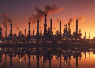 Silhouetted refinery at dawn, fiery sunrise glow , gas refinery, metal, power