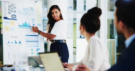 Business, data and woman with discussion in presentation for finance forecasting, market trends...