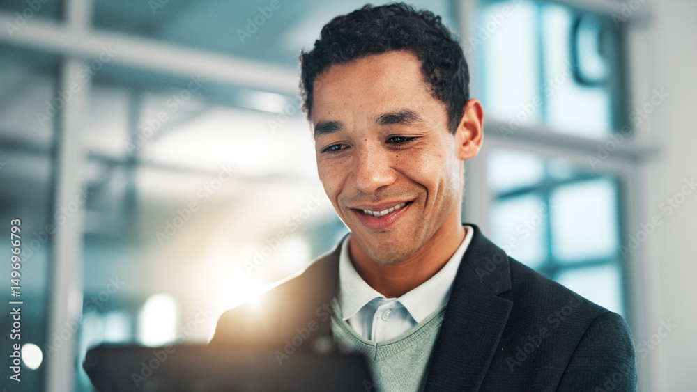Poster research, business man and tablet in office for reading email or insurance update for policy. digita