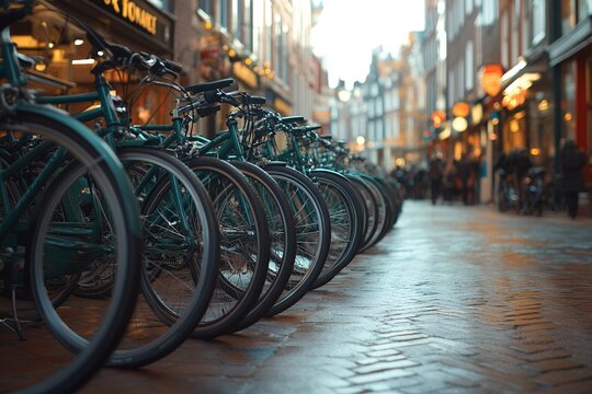 Rows of teal bicycles parked on a cobblestone street create a charming urban scene