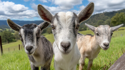 Young goat kid on hilltop farm with green grass and blue sky under bright daylight