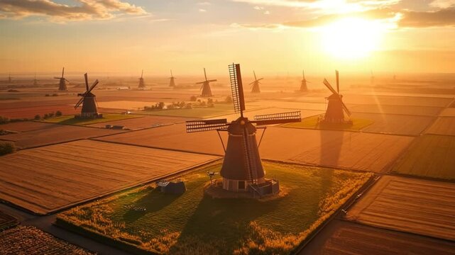 Golden hour drone view of Dutch windmills and farmland, patchwork fields in warm light and symmetrical layout